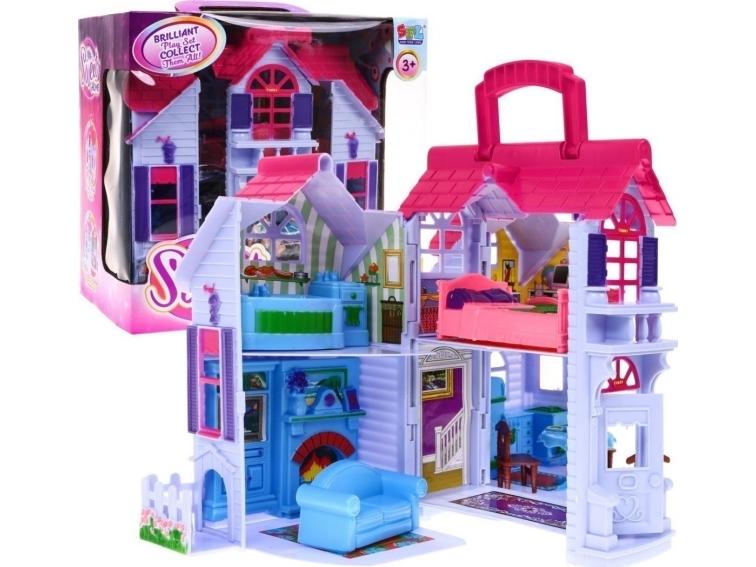 Fold Børnehus 3 Lilla Familiefigurer Hund øbler 2 Etager - Ramiz  - 5903864903546