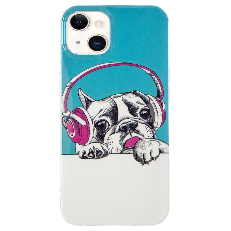 Iphone 15 Selvlysende Fleksibel Bagside Cover Plastikprint Hund Med Høretelefoner - Incover
