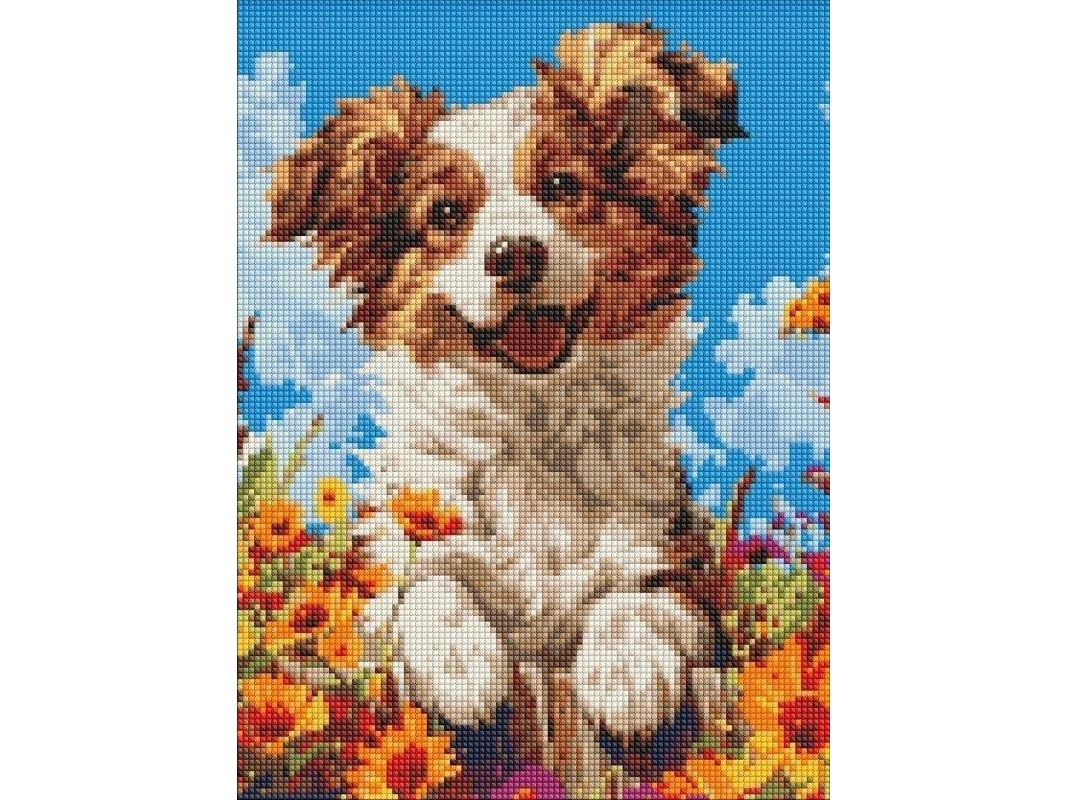 Rammeløs Diamantmosaik Hund Blomster 30x40 - Ideyka  - 4823104361886