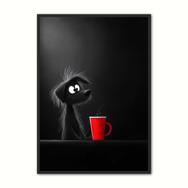 Kaffe Plakat Hund Med Rød Kaffekop - Plakat Portalen